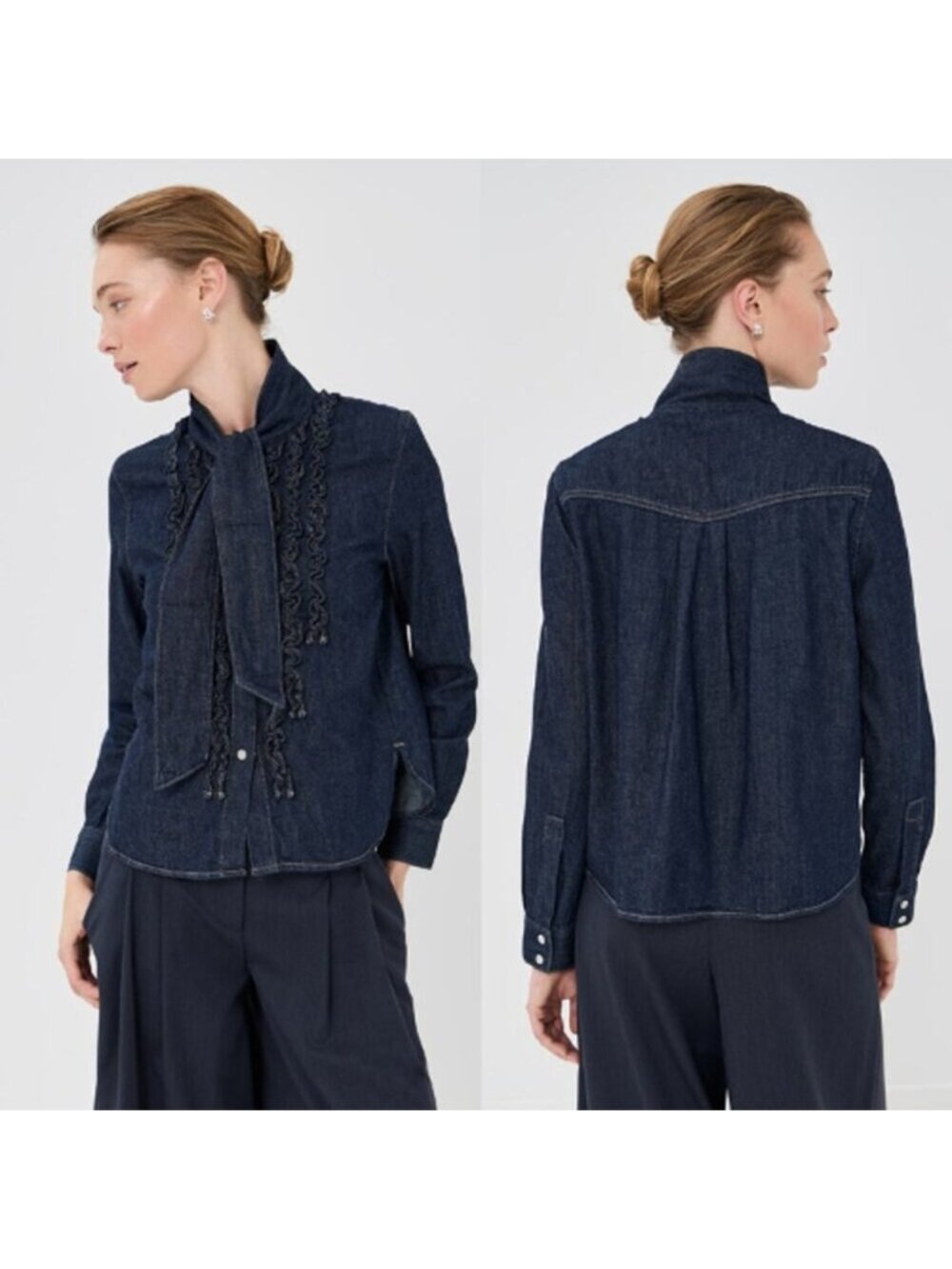 TWP Ruffled DENIM Tie Neck Long Sleeves Connor Button Down Shirt Size: XS